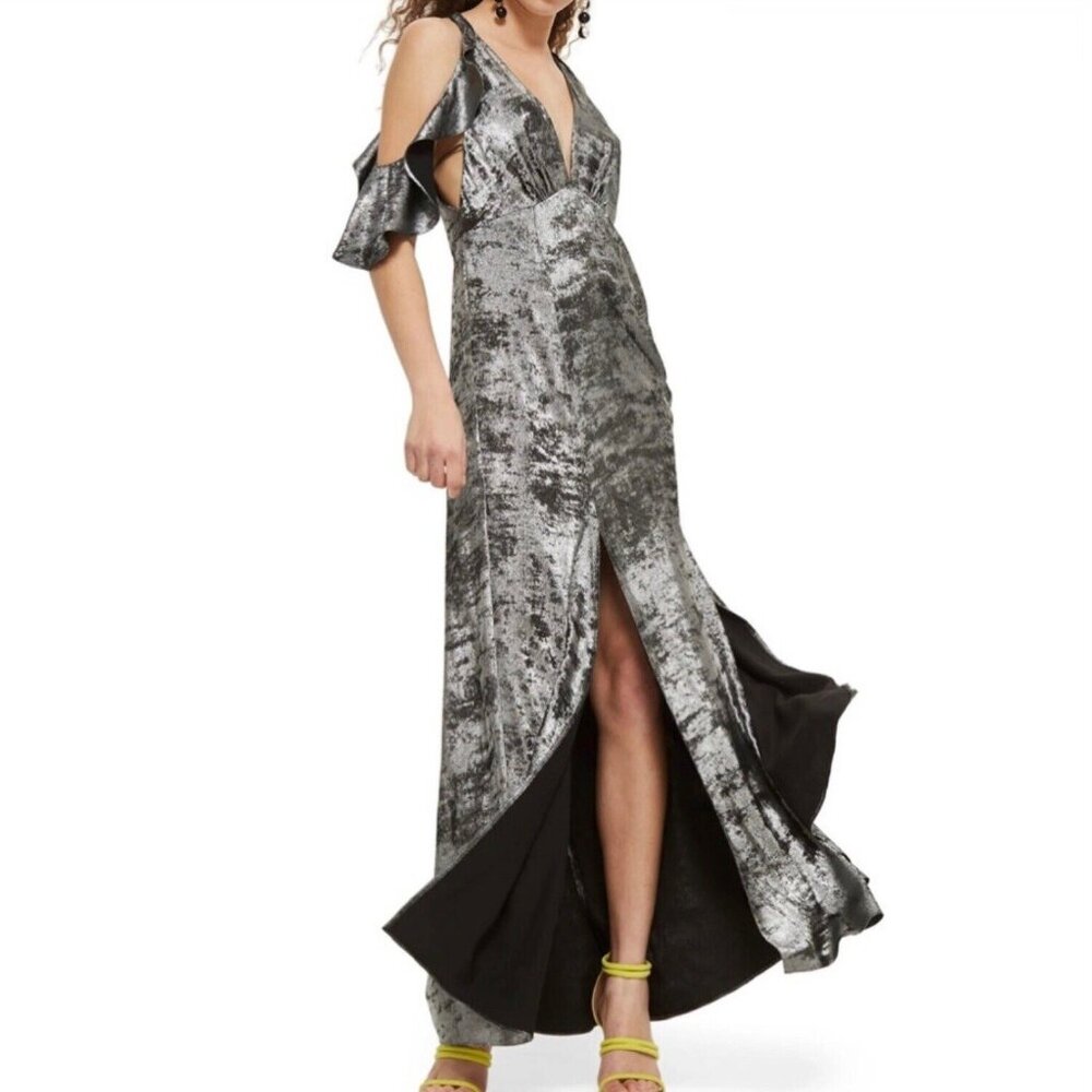 NWT TopShop Cold Shoulder Silver Metallic Foil Maxi Dress Size 2